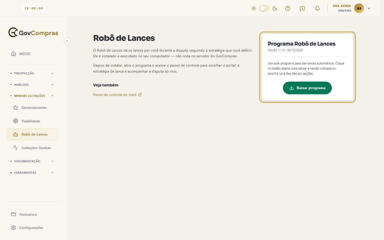 Na aba Robô de Lances, o cartão de download mostra a versão atual e o botão Baixar programa.