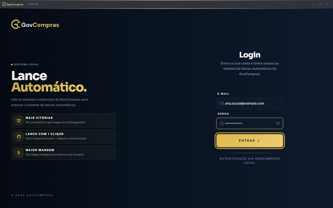 Tela de login do GovBot: e-mail e senha do GovCompras e o botão Entrar.