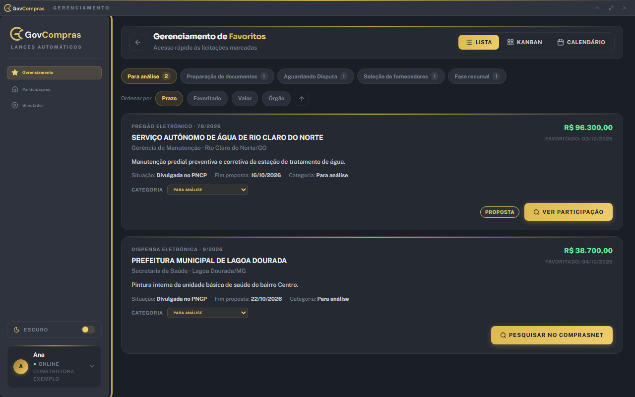 Menu lateral do GovBot com Gerenciamento, Participações e Simulador. Embaixo ficam o tema Claro/Escuro e o seu nome, com o status do ComprasNet e a empresa ativa.