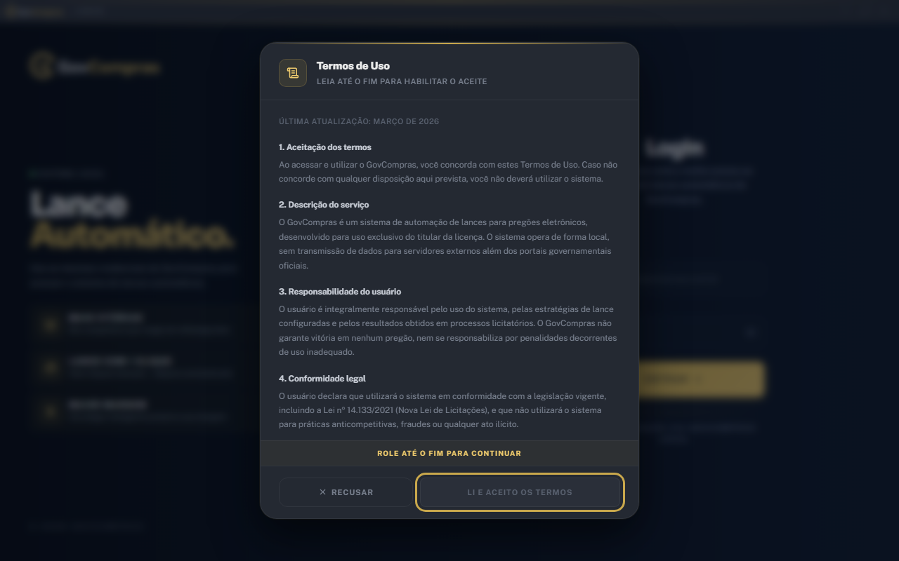 Termos de Uso do GovBot. O aviso “Role até o fim para continuar” some quando você chega ao final do texto.