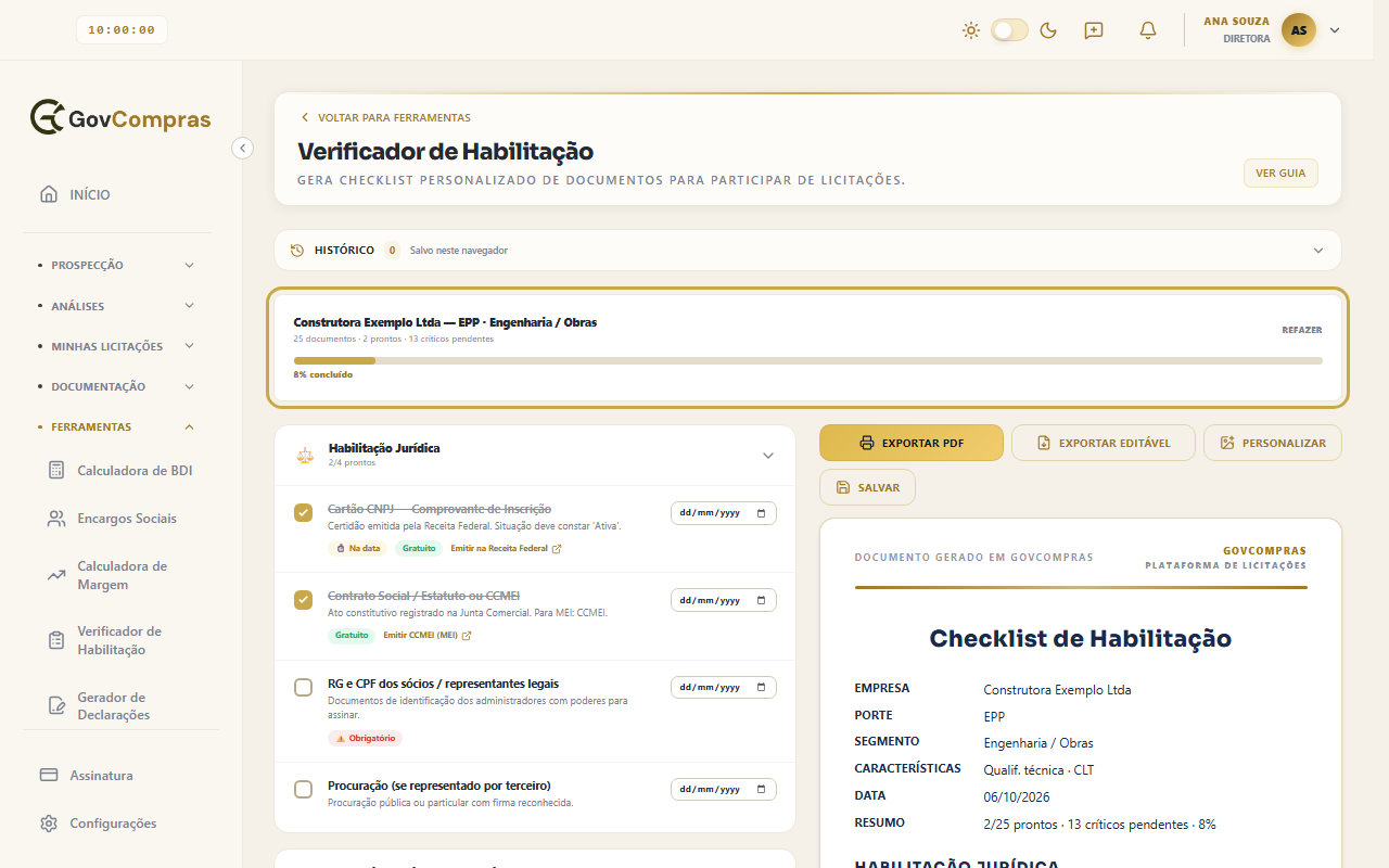 Segunda etapa do Verificador, com o resumo de documentos prontos e a barra de progresso destacados, e os dois primeiros documentos de Habilitação Jurídica marcados.