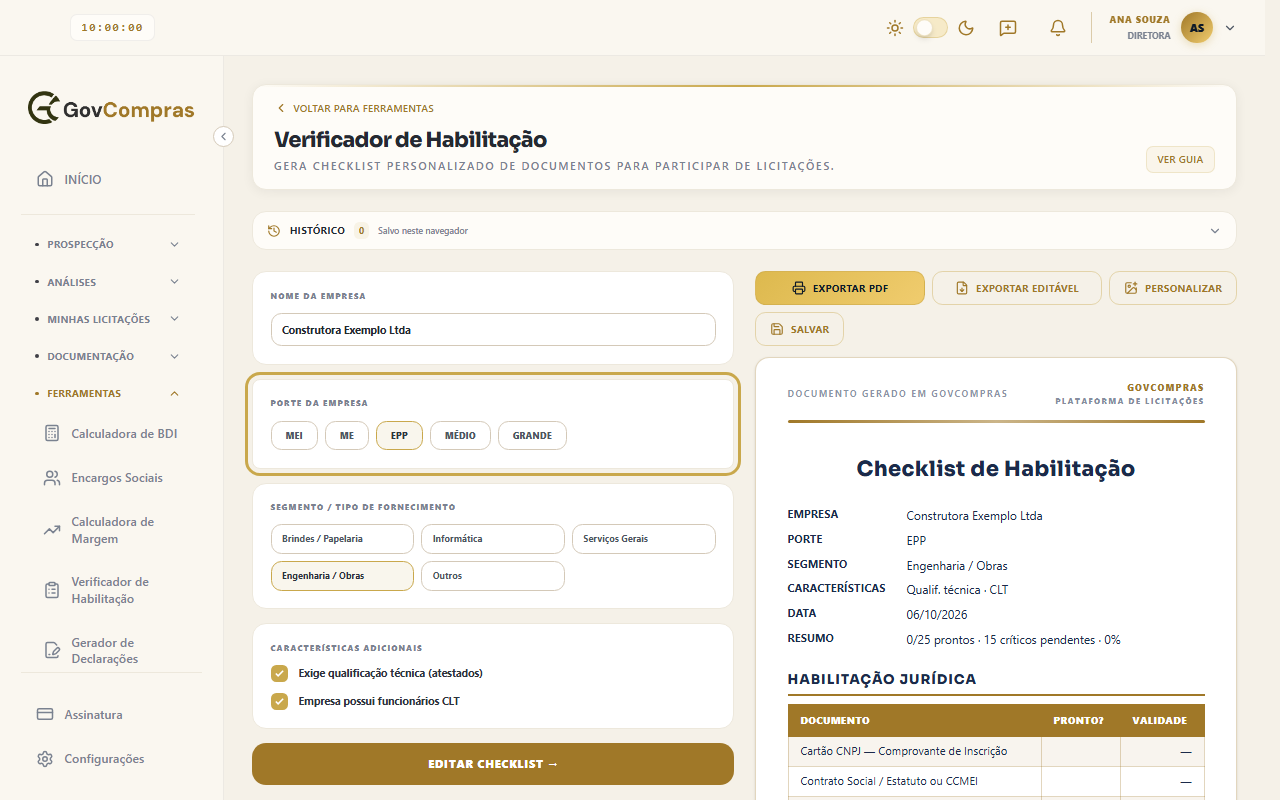 Primeira etapa do Verificador, com o cartão Porte da Empresa destacado, o segmento Engenharia / Obras e as duas características adicionais marcadas.